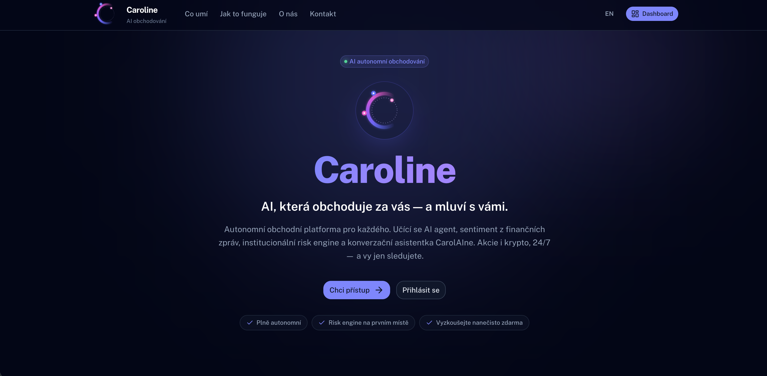 Náhled projektu Caroline — autonomní AI obchodní platforma